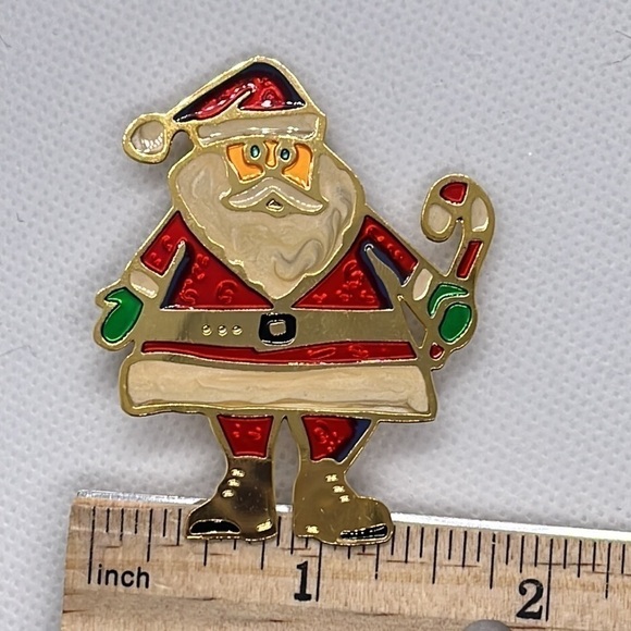 Christmas Brooch Lapel Pin Santa Claus Hand Painted Gold Tone - Picture 6 of 6